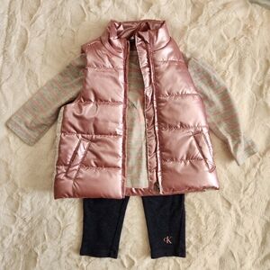 CK Calvin Klein Baby Girl 3 Piece Outfit with Pink Puffer Vest, Size 12 Months